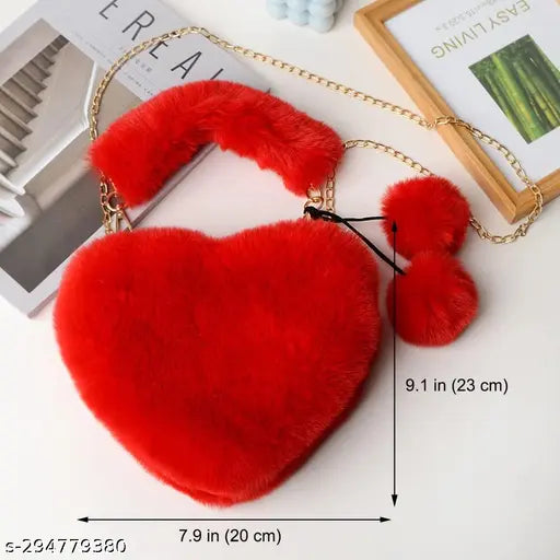 Red faux fur handbag, soft texture, heart-shaped design, small shoulder bag, clutch purse, pom poms, pom pom balls