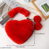 Red faux fur handbag, soft texture, heart-shaped design, small shoulder bag, clutch purse, pom poms, pom pom balls