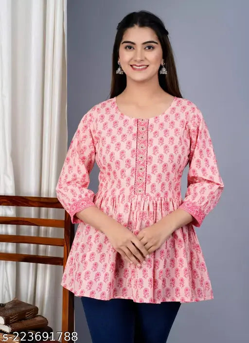 New stylish three-quarter sleeve printed cotton tops, vibrant floral pattern, 100% breathable quality fabric - ideal for party wear, wedding wear, festivals