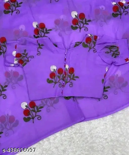 Purple and red patterned Georgette sari with embroidery, special occasion wear