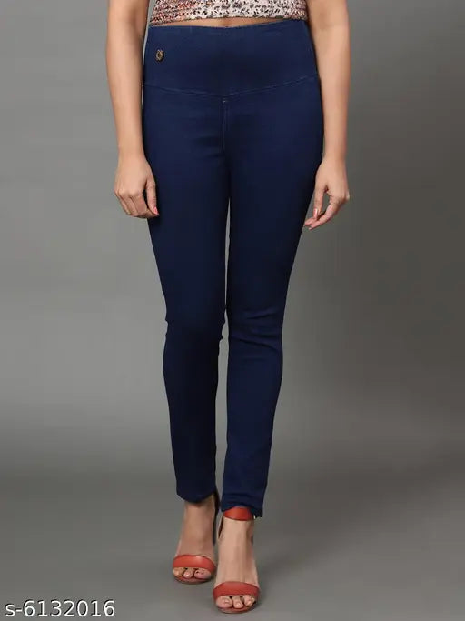 Denim high waist skinny fit stretchable jeggings, royalblue-navyblue for women, pack of 2 on clothing rack