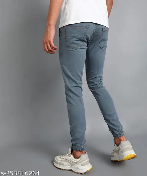 Urbano Men's slim grey cotton blend jeans - stylish, stretchable, mid-rise jogger denim for casual or office wear
