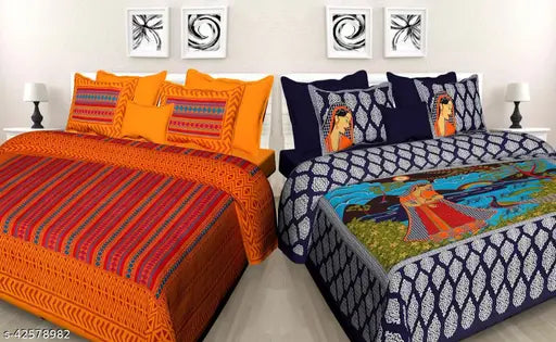 Multi-colored Jaipuri cotton double flat sheets (104TC), 4 pillow covers included - vibrant bedroom makeover