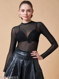 Nylon net mesh bodysuit, XS size with 32" bust, 25" length, and 26" waist. Indian made fashion clothing on model