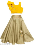 Orange-Chiku cotton blend lehenga choli with mirror work & sleeveless crop top, embellished by mirrors, 100% silk fabric, suitable for 2-14 years" "Orange-Blue cotton silk dupatta included, perfect for all occasions and ceremonies, handcrafted in India