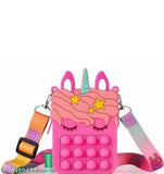 Pink silicone fidget toy with pop-it feature and coin pocket