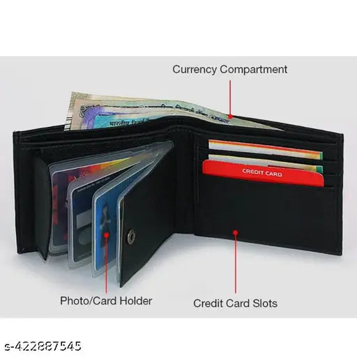 Faux leather men's wallet, 5 compartments, travel-friendly, classic bi-fold design, perfect for office or formal occasions, sleek and organized storage, presents in black matte box, Indian origin