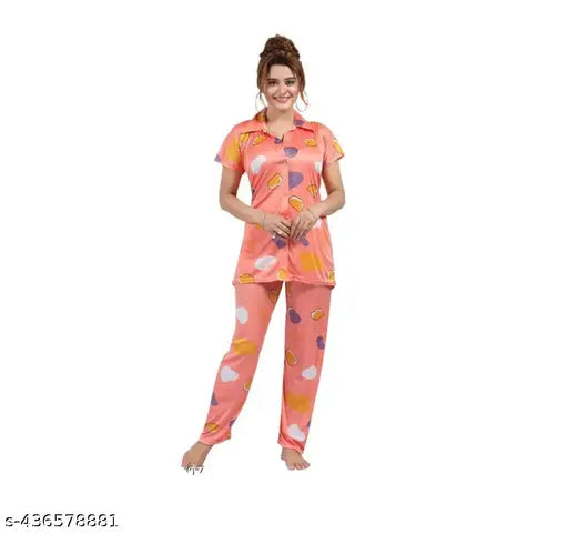 Digital printed satin night suit dress, women's sarina style in short sleeves, Indian-made
