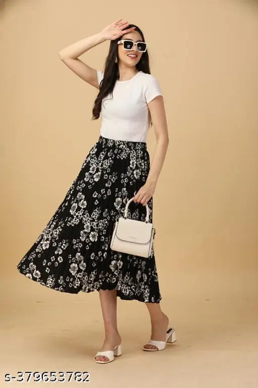 Pleated printed midi skirt, polyester, flared hemline, elastic waist, trendy Indian fashion, full-length skirt for all body types