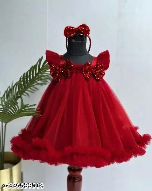 Baby girls knee length fancy bow frockdress, solid net sleeveless, 0-6 years multi-size, India-made fashion for little ones