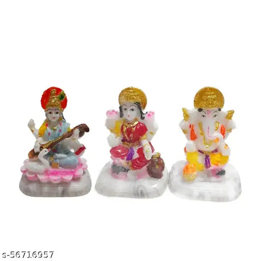 Handcrafted Poly Resin Laxmi Ganesh Saraswati idols - 3 pack, decorative showpiece for spiritual and aesthetic enhancement (12cmx10cmx10cm)