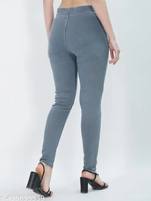 Grey denim fix elastic jegging for women - high rise, slip-on style, solid pattern