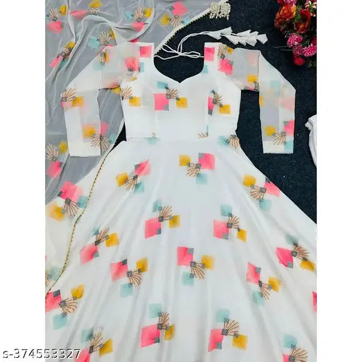 Gayati print formal dress, white with colorful border and embroidered design