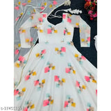 Gayati print formal dress, white with colorful border and embroidered design