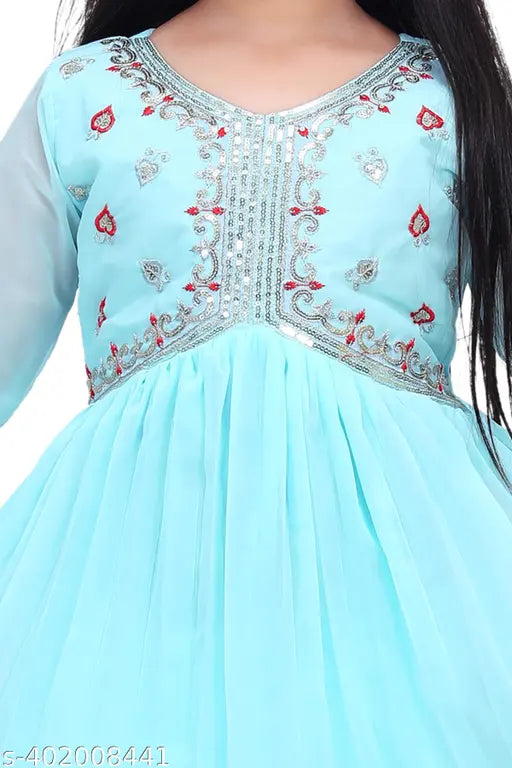 Embroidered festive sheer palazzo ensemble for girls, chiffon anarkali top with silver accents, palazzo pants, India