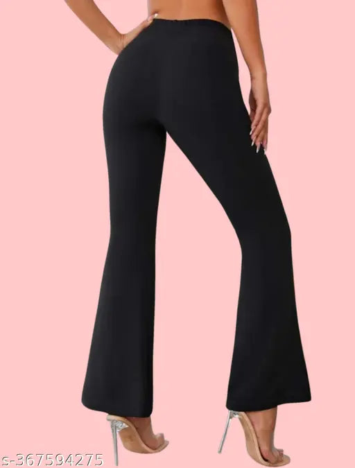 Black high-rise elastic-band bell bottom trousers (38'' inches), casual polyester blend for daily wear and parties, made in India