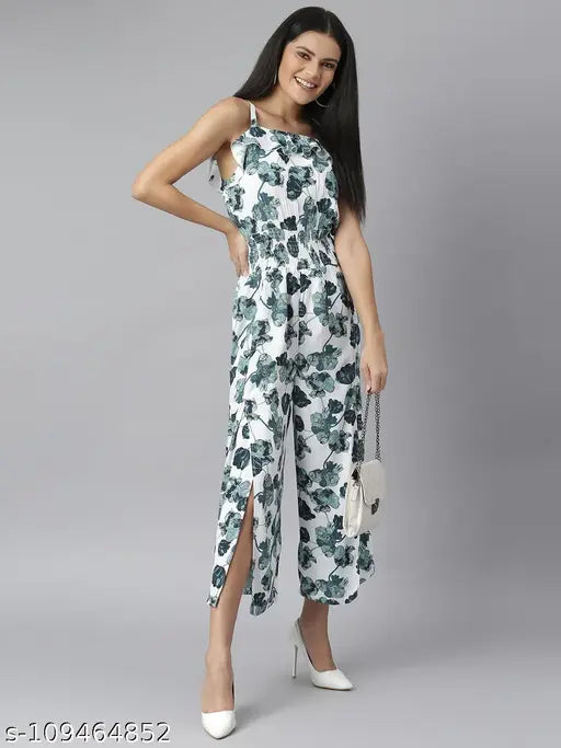 Sleeveless printed net polyester jumpsuit with shoulder straps and slit pants, StyleStone women's fashion on mannequin