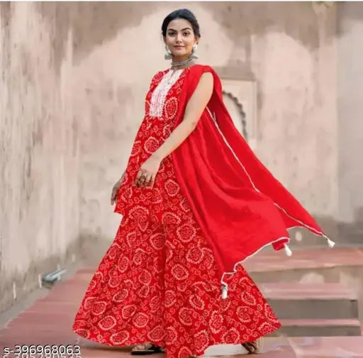 Red Rayon Blend Printed Kurta Sharara Set - Elegance Redefined, Diwali2024 Special edition, India origin