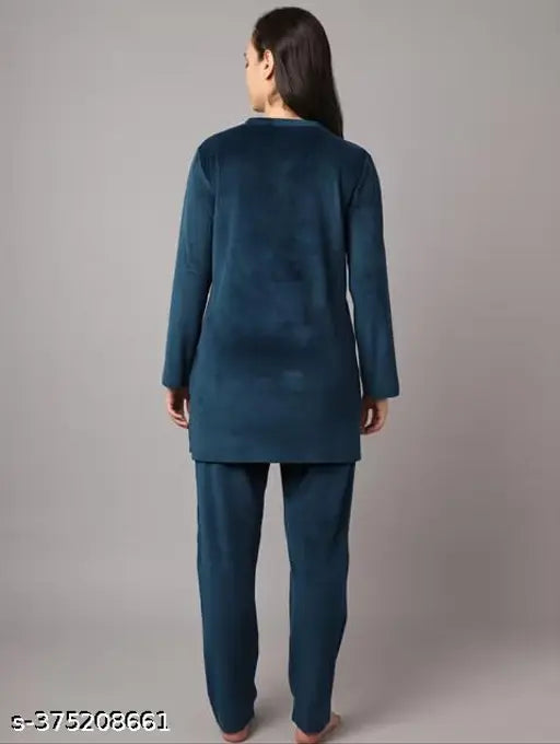 Velvet embroidered night suit/co-ord set for women, trendy velvet high-low V neck tunic and pants, perfect for winter outings
