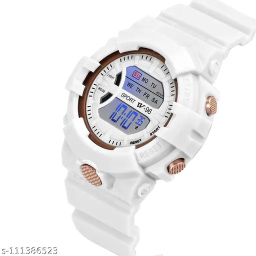 A white digital sports watch with a black band, multifunctional for boys and men, includes a cap and goggles combo pack