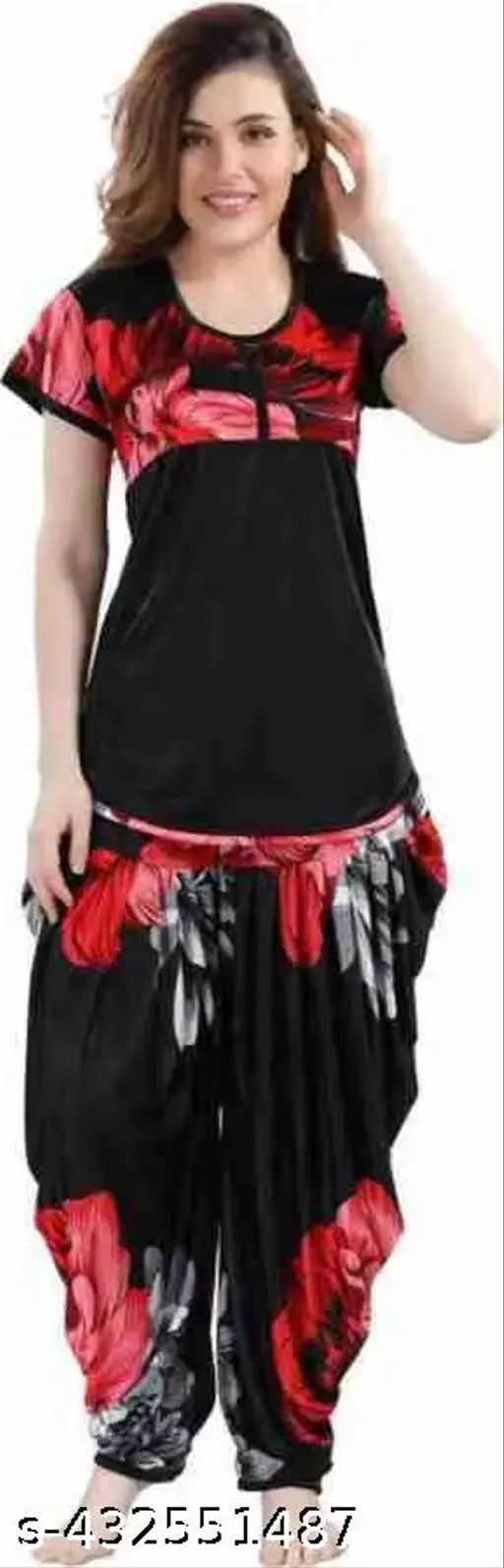 Satin night dress set for women and girls, comfortable pyjamas with short sleeves, made in India (Set of 2)