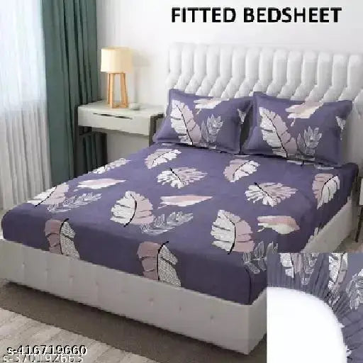 Cotton 360 degree elastic fitted double bedsheet (78*72 inches) with 2 pc pillow cover, elegant botanical pattern, soft and comfortable for summer use
