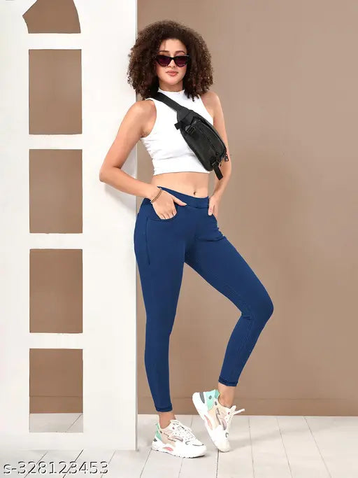 Blue mid-rise women's cotton blend Flexi Denimz - Solid pattern, comfortable and stylish bottoms for various occasions