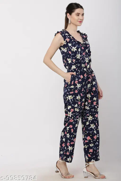 Printed women's floral blue casual back chain jumpsuit with dori v-neck, sleeveless crepe fabric