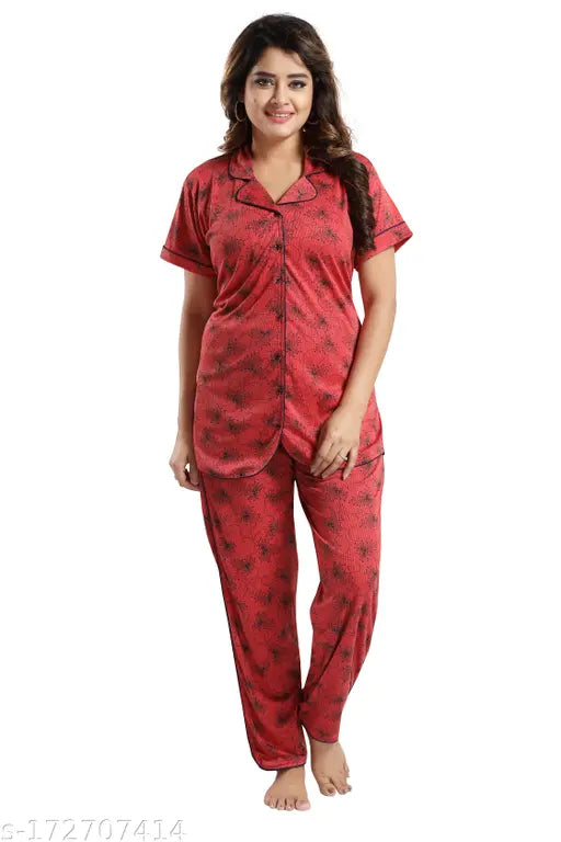 Red hosiery cotton night suit, fancy printed net design, soft and comfortable sleepwear for women