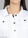 White Women's Cotton Denim Blend Casual Jacket by SAMAN FASHION WEAR, three-quarter sleeves, spread collar, 2 pockets, button closure, solid design