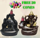 Golden Adiyogi and Ganesh Poly Resin Smoke Backflow Showpiece Combo for Home Decoration (India), features 20 free smoke cones