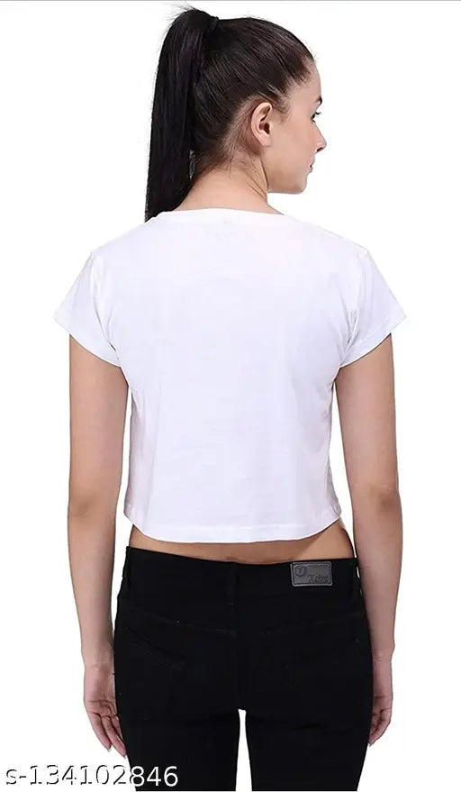 Women's printed crop t-shirt, white cotton, short sleeves with colorful pattern, fashionable wear on a mannequin