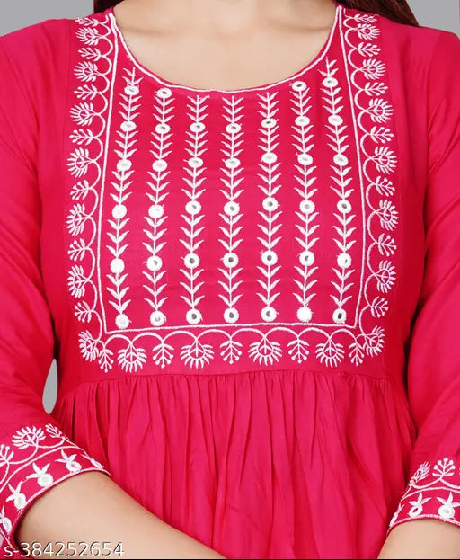 Rayon embroidered three-quarter sleeve trendy kurtis, featuring sizes S to XXXL for women, Indian origin