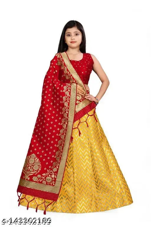 Art Silk Lehenga Choli collection for kids, semi-stitched traditional wear with Banarasi Jacquard silk fabric, sizes from 8-15 years
