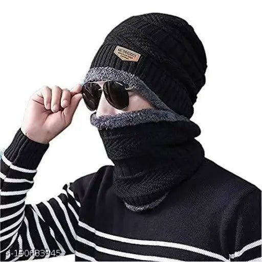 Fur-patterned unisex winter cap with neck scarf (acrylic knit). Comfortable, warm, and stylish accessory for cold weather activities