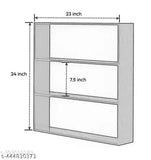 A wall-mounted kitchen rack made of wood, featuring a sliding door and multiple shelves