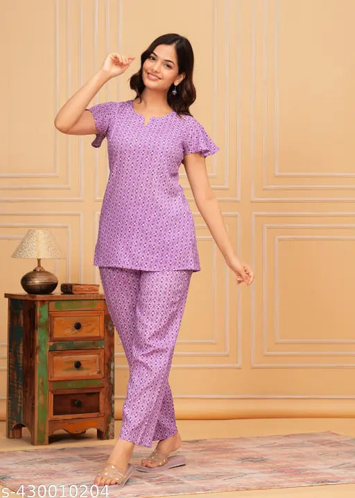 Women's Rayon Printed Night Suit Cord Set, trendy nightdress for women and girls