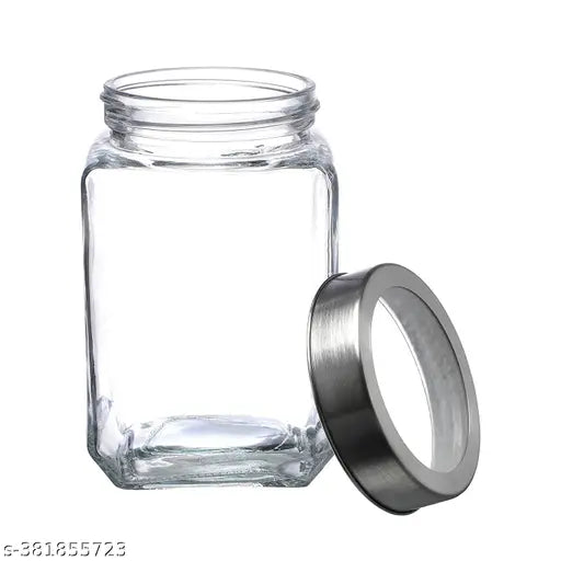 Clear glass cube jar with silver lid - ideal for pantry storage.
