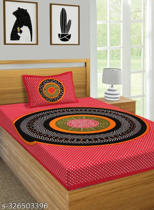 Red Jaipuri Printed Cotton Single Bed Sheet Set with Pillow Covers