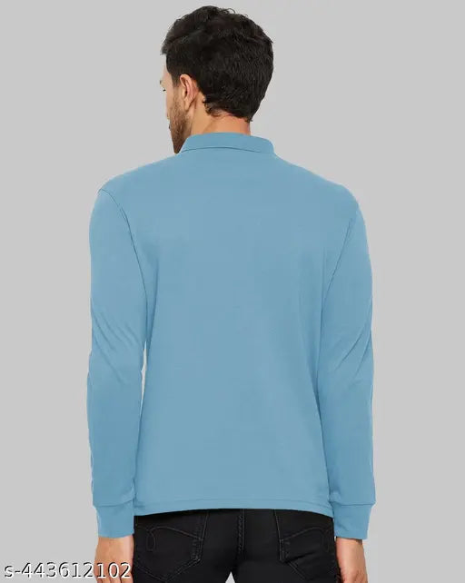 Blue polycotton men's full sleeve solid polo t-shirt by Cotfyne, L size (34 in chest, 28 in length), suitable for casual wardrobe and outdoor activities