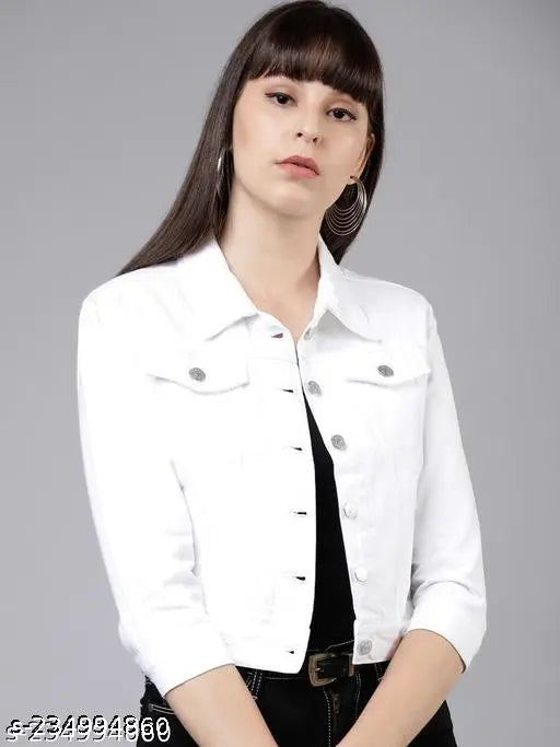White denim jacket, solid three-quarter sleeve, trendy casual wear on hanger
