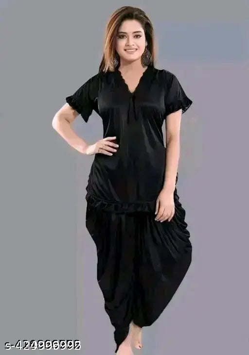 Satin night suit set for women, including Patiala Dhoti Kurta and top. Solid-colored, short sleeves. Perfect for sleepwear or special occasions. Indian origin