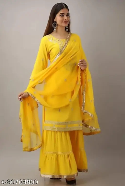 Yellow chiffon kurta sharara with matching dupatta