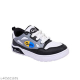 Black and white kids shoe with blue laces and a white sole