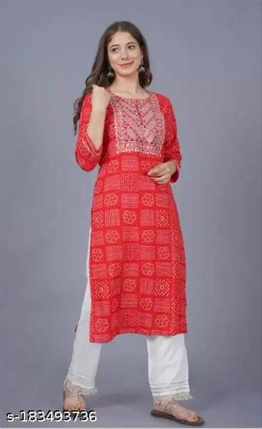 Red rayon embroidered kurta with round neck, long sleeves, and full-length design