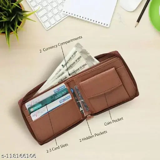 Classic PU leather bi-fold wallet, 2 compartments for men's daily use, solid design, free size (11x10cm)