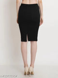Black cotton blend high waist pencil skirt, solid pattern, back cut detail, formal wear for women, Shreerang Enterprises design, figure-hugging fit, versatile style, elegant and modern fashion