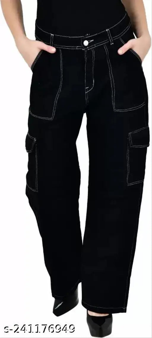 Baggy straight fit black cargo pants for girls