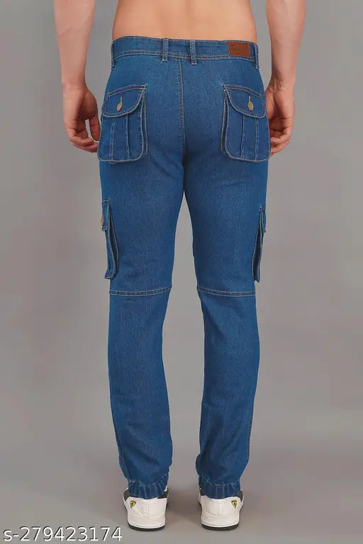 Nivasu blue denim cargo jogger for men, solid pattern, size 30 (waist 30in, length 40in, hip 38in), made in India