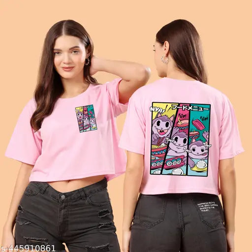 A cropped, sleeveless T-shirt with oversized half sleeve print in a vibrant color featuring characters from the anime 'Monster' on it